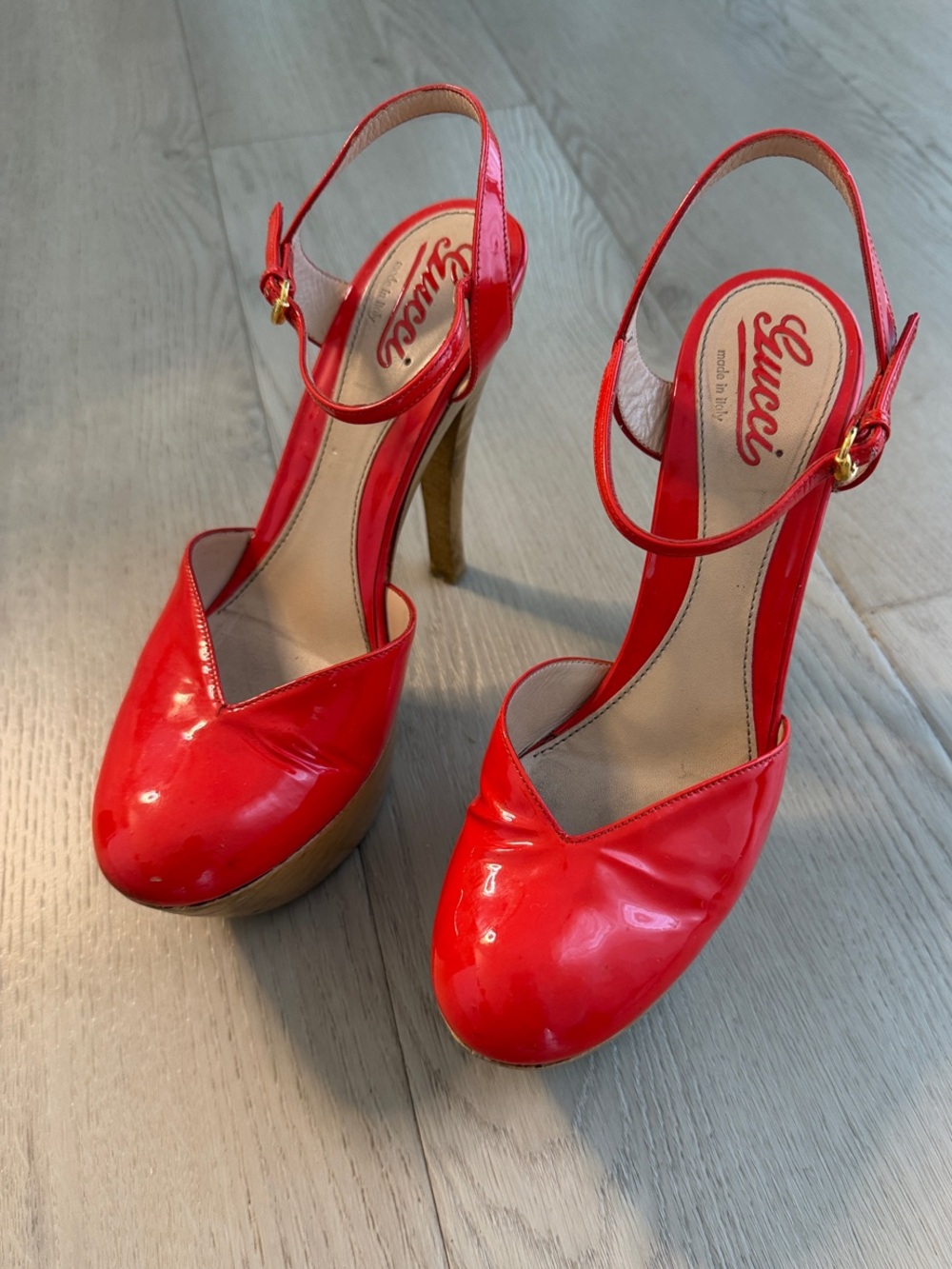 Gucci Red Patent Platform Slingback Heels